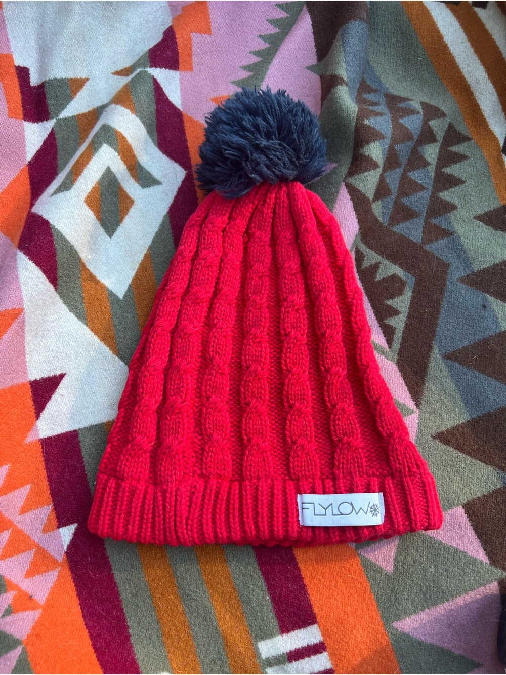 Flylow Red Cable Knit Pom Beanie